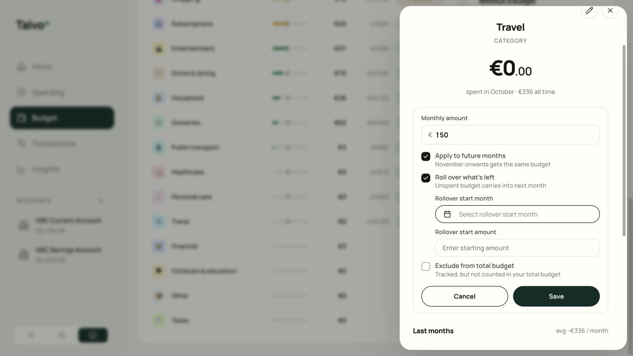Talvo budget details showing rollover settings in the demo.